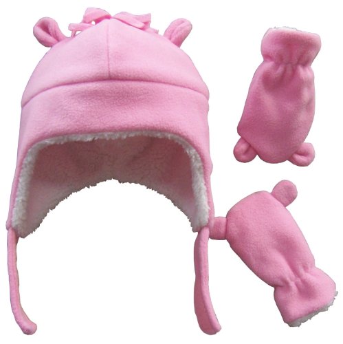 N'Ice Caps Little Girls and Baby Sherpa Lined Fleece Hat Mitten Set with Ears (6-18 Months, Pink Infant)