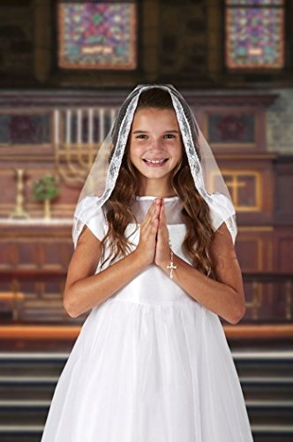 Girls First Communion Mantilla Style Lace Veil with Embroidered Chalice, 25 Inch
