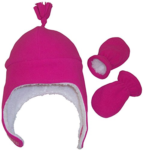 N'Ice Caps Girls Soft Sherpa Lined Micro Fleece Pilot Hat and Mitten Set (6-18 Months, Infant - Neon Pink)