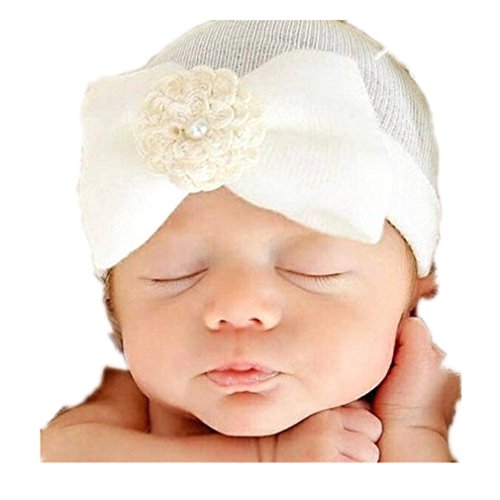 Winhurn Super Cute Baby Hat with Pretty Flower Bowknot for Newborn Head Decor (0-5 Months, White)