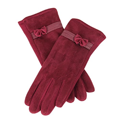 Ikevan Elegant Women's Winter Gloves Touch Screen Suede Cashmere Warm Wrist Gloves Bowknot Womens Pure Color Mittens (Red)