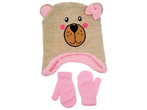 Toddler Girls Animal Laplander Ear Covering Set including Fleece Hat and Mittens,Brown Teddy Bear,One Size