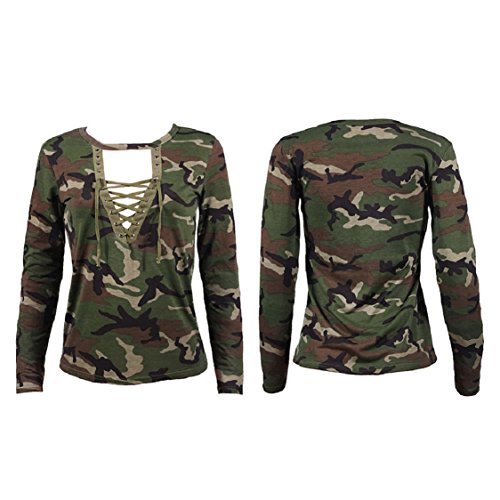 Ikevan 2017 Hot Selling Fashion Women Long Sleeve Shirt Slim Casual Blouse Camouflage Print V-Neck Tops Spring Autumn (M)