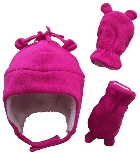 N'Ice Caps Girls Sherpa Lined Micro Fleece Hat and Mitten Set with Ears (3-6 Months, Infant - Fuchsia)