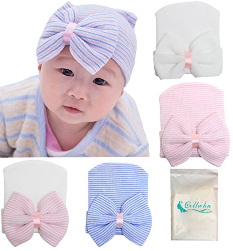 Gellwhu 5pcs Infant Baby Girls Striped Nursery Newborn Hospital Hat Cap with Big Bow