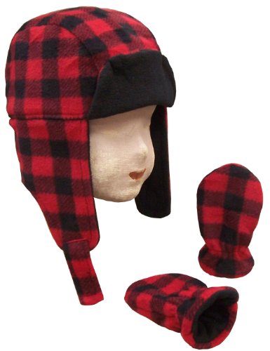 N'Ice Caps Little Boys and Baby Buffalo Plaid Fleece Trooper Hat Mitten Set (6-18 Months, Red Infant)
