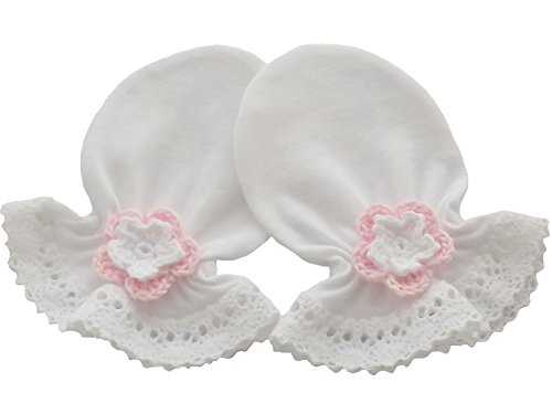 100% Cotton Jersey Newborn Baby Anti Scratch Mittens Gloves Christening White Cotton Lace Handmade Crochet Flower (0-3 Months)