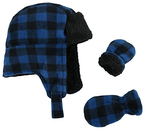 N'Ice Caps Little Boys and Baby Buffalo Plaid Fleece Trooper Hat Mitten Set (6-18 Months, Royal Infant)