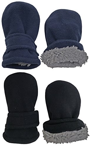 N'Ice Caps Little Kids and Baby Easy-On Sherpa Lined Fleece Mittens - 2 Pair Pack (6-18 Months, Black/Navy Pack - Infant No Thumbs)