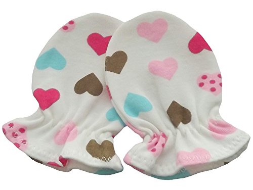 100% Organic Cotton Newborn Baby Anti Scratch Mittens Gloves (0-3 Months, Natural/Multi-Color Hearts)