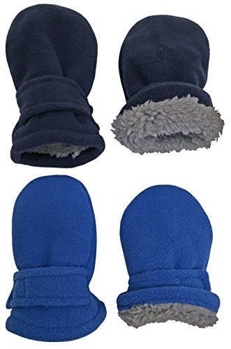 N'Ice Caps Little Kids and Baby Easy-On Sherpa Lined Fleece Mittens - 2 Pair Pack (6-18 Months, Navy/Royal Pack - Infant No Thumbs)