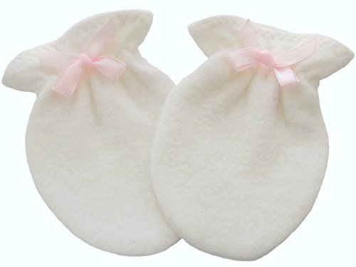 Bamboo Organic Cotton Soft Fleece Newborn Baby Infant Anti Scratch Mittens Gloves Unisex Color Natural Handmade (0-3 Months, Pink Bow)