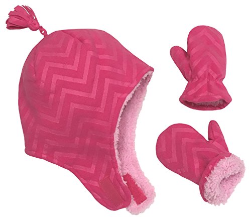 N'Ice Caps Little Girls and Baby Soft Sherpa Lined Micro Fleece Pilot Hat and Mitten Set (2-3 Years, Fuchsia/Embossed Chevron Print)