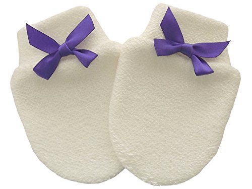 Bamboo Organic Cotton French Terry Newborn Baby Anti Scratch Mittens Color Ivory Handmade (0-3 Months, Dark Purple Bow)