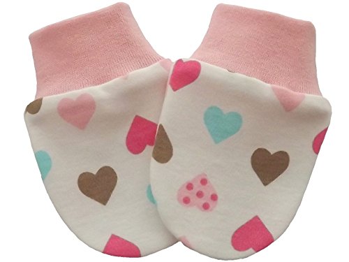 100% Organic Cotton Knitted Newborn Baby Anti Scratch Mittens Gloves Multi- Color Hearts, Stretchy Knitted Cuff (6-9 Months)