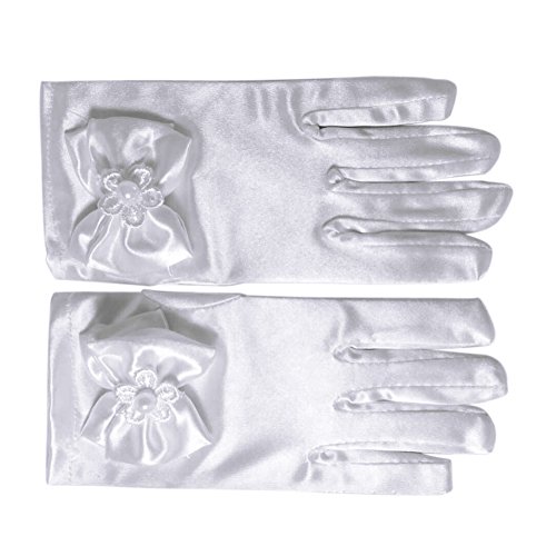 ACTLATI 1 Pair Wedding Ceremony Flower Girl Cute White Satin Bowknot Gloves Full Fingered Short Flower Girl Gloves for Wedding or Pageant