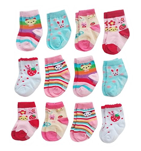 Deluxe Non Skid Anti Slip Slipper Cotton Crew Socks With Grips For Baby Infant Toddler Girls (6-12 Months, 12-pairs/assorted)