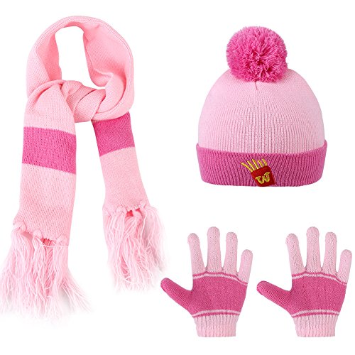 Vbiger Knitted Hat Scarf And Gloves Set For Kids (Pink)