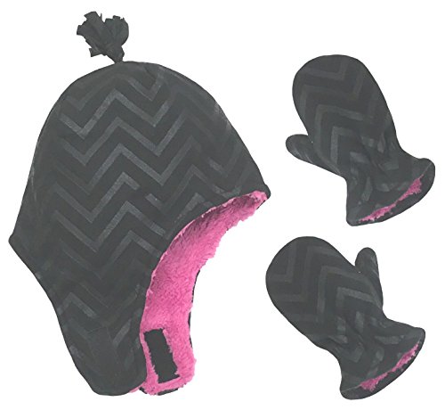 N'Ice Caps Little Girls and Baby Soft Sherpa Lined Micro Fleece Pilot Hat and Mitten Set (2-3 Years, Black/Embossed Chevron Print)