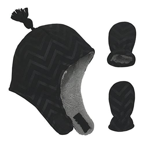 N'Ice Caps Little Boys and Baby Sherpa Lined Micro Fleece Pilot Hat Mitten Set (6 - 18 Months, Black/Embossed Chevron Print Infant)