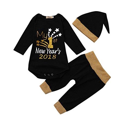 Lisin Newborn New Year Outfits Set,Infant Baby Boy Girl Letter Romper Tops+Pants Hat (Black, Size:12Months)