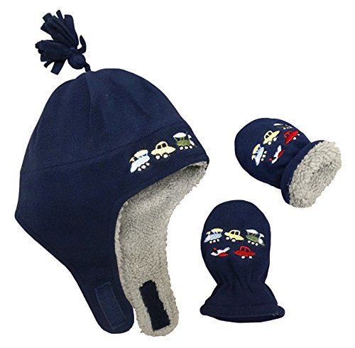 N'Ice Caps Little Boys and Baby Sherpa Lined Fleece Embroidered Hat Mitten Set (6 - 18 Months, Navy/Gray Sherpa Lining Infant)