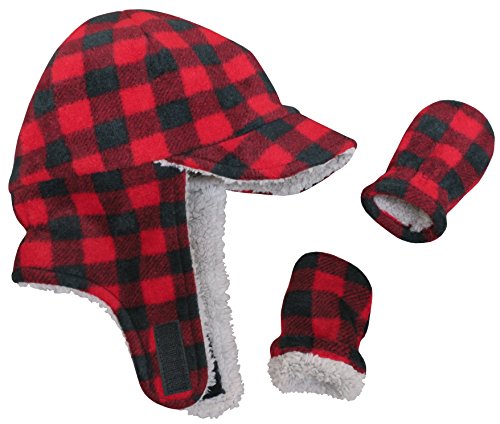 N'Ice Caps Little Boys and Baby Sherpa Lined Fleece Flap Hat Mitten Winter Set (6-18 Months, Red Buffalo Plaid Infant)