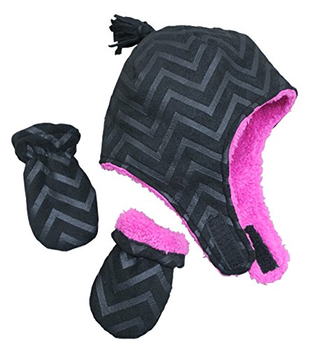 N'Ice Caps Little Girls and Baby Soft Sherpa Lined Micro Fleece Pilot Hat and Mitten Set (6-18 Months, Black/Embossed Chevron Print Infant)