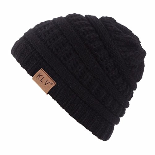 Elaco Beanie Skull Slouchy Caps, Boy Girls Warm Crochet Winter Wool Knit Ski Hat (Black)