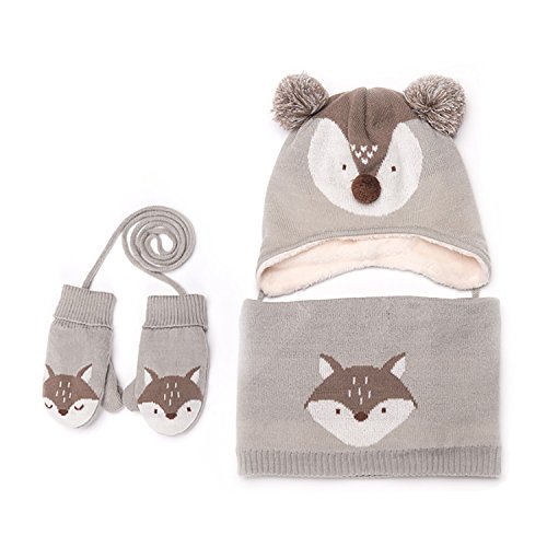Baby Hats Baby Mittens Baby Girls Boys Winter Warm Knit Hat+Scarf+Gloves 3 Pieces Set (grey)