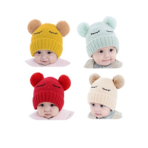 Elaco Beanie Skull Slouchy Caps, Boy Girls Warm Crochet Winter Wool Knit Ski Hat (4pcs-Style 1)