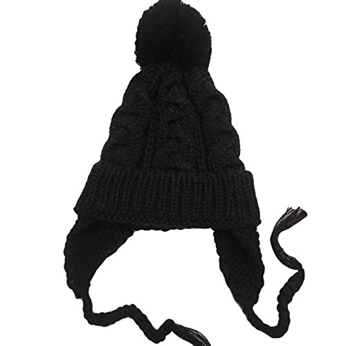 MIOIM Lovely Bbay Girls Braided Ear-flap Knitted Winter Hat With Pompom Ball Ski Cap