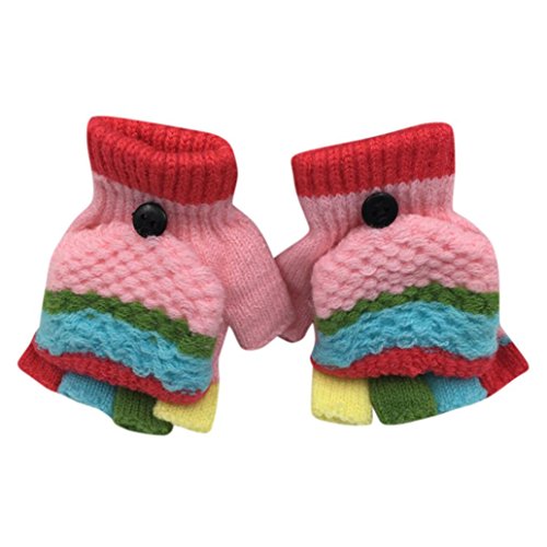 Hongxin Convertible Cotton Knitted Gloves For Kids 2-6 Years Fingerless Flap Warm Winter Mitten Multicolor (Pink)