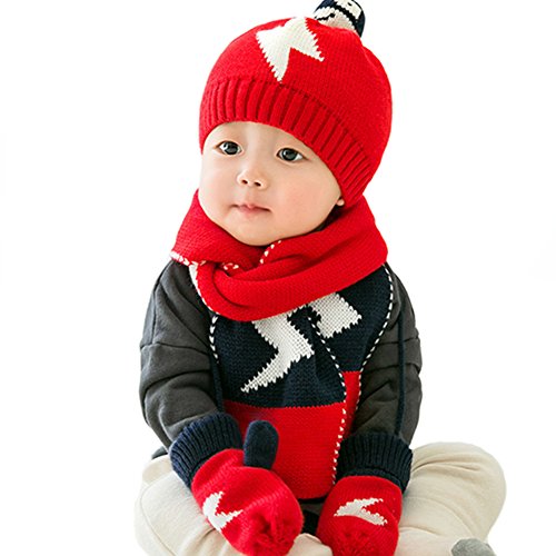 Baby Girls Boys Hat & Scarf & Gloves 3 Pieces Set Warm Lightning Pattern For Baby (Red)