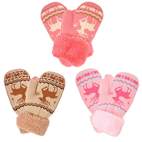 Kid's Sherpa Lined Knit Mittens Warm Boys Girls Winter Gloves with String Pack of 3(Girls)