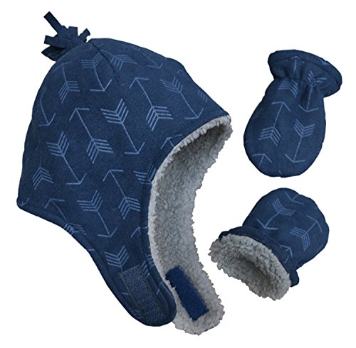 N'Ice Caps Little Boys and Baby Sherpa Lined Micro Fleece Pilot Hat Mitten Set (6 - 18 Months, Navy/Embossed Arrow Print Infant)