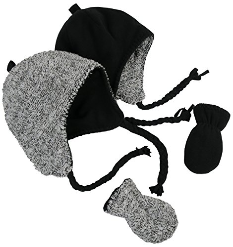 N'Ice Caps Little Kids and Infants Reversible Hat and Mittens Fleece Skater Set (6-18 Months, Black Solid/Black-White Sherpa Infant)