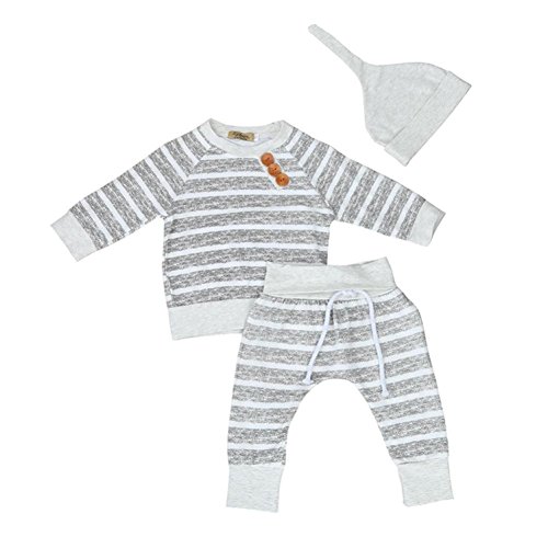 Baby Clothes Set, PPBUY Boy Girl Stripe T-shirt Tops + Pants + Hat 3pcs Outfits Set (18-24M, Gray)