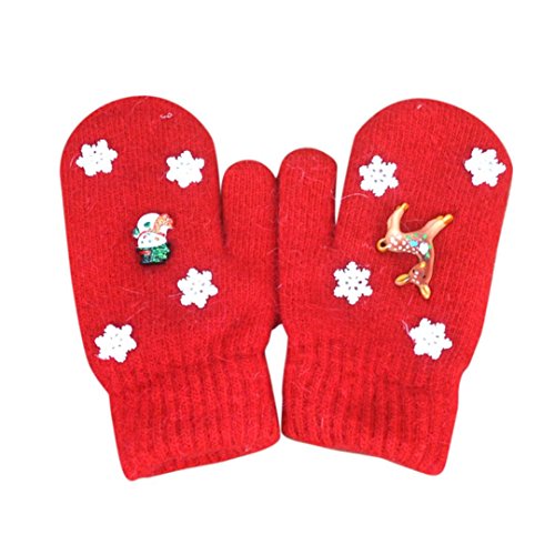Baby Winter Warm Mittens,ChainSee Boys Girls Christmas Cute Deer Thicken Gloves (Red, 4-10 years old)