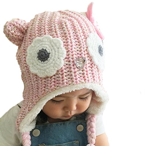 Cute Winter Warm Hats For Girls, Soft Kids Toddlers Ear Flap Crochet Beanie Hat (L(50-52CM) 3~5 Years, Pink Owl)