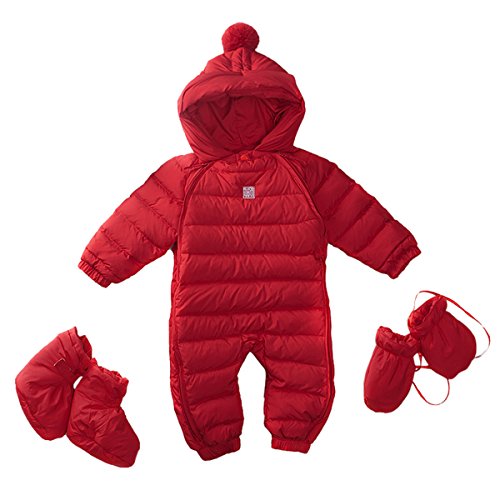 Bebone Newborn Baby Hooded Winter Puffer Snowsuit with Shoes and Gloves (RED,9-12M)
