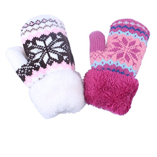2Pairs Toddler Baby Boy Girl Warm Winter Mittens Gloves With Fleece Lining Snowflake Design (2Pairs Pink&White)