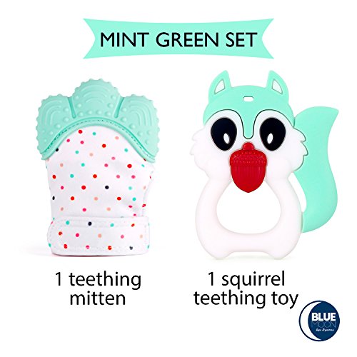 Blue Moon Teething Mitten + Teething Toy (Unicorn or Squirrel) Package, Teether Offering Soothing Relief for Babies, Infants and Toddlers. 100% Food Grade, BPA FREE Silicone. Great Green Shower Gift!