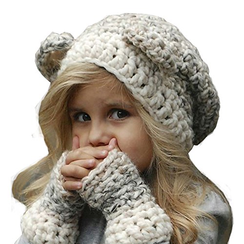Baby Kids Winter Warm Cute Animal Caps Beanies Knitted Coif Hood Hat and Gloves Set for Girls Boys (Gray)