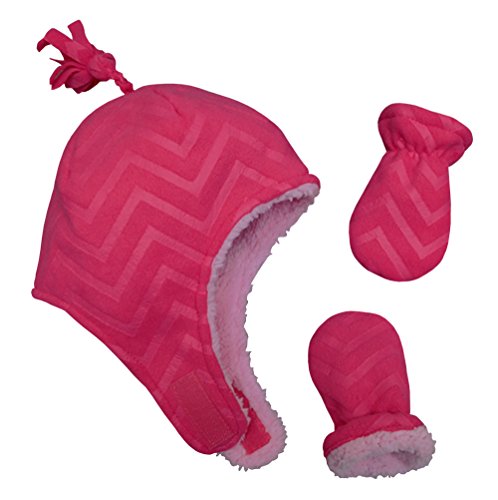 N'Ice Caps Little Girls and Baby Soft Sherpa Lined Micro Fleece Pilot Hat and Mitten Set (6-18 Months, Fuchsia/Embossed Chevron Print Infant)