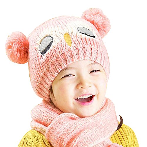 Baby Boys Girls Knit Crochet Owl Hat Toddler Winter Balls Beanie Cap Scarf Set (Pink)