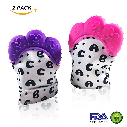 Adiona Teething Mitten for Babies - 2 Pack Pink and Purple Teether Mitt – Self-Soothing Teething Gloves BPA Free Food Grade