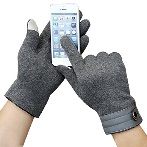 Ikevan Mens Touch Screen Smartphone Gloves Warm Wool Cotton Full Finger Gloves - Solid Color Leather Cuff - Motorcycle Outdoor Driving Sports (Gray)