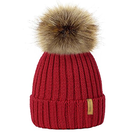 MIOIM Parent Child Baby Hat Winter Knitted Beanies Faux Fur Pompom Hat Bobble Ski Cap