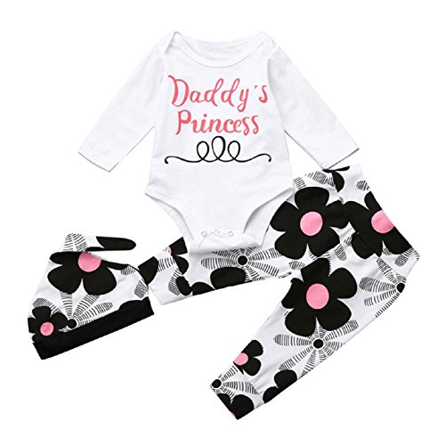 Baby Clothes Set, PPBUY Infant Girl Letter Romper Tops + Floral Pants + Hat 3Pcs Set (12M, White)